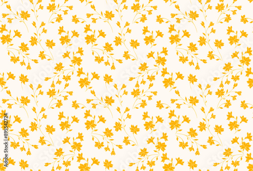 Yellow wild floral stems pattern. Abstract artistic branches with tiny flowers, small buds seamless print. Vector hand drawing sketch. Simple ornament for textile, fashion, print, surface design
