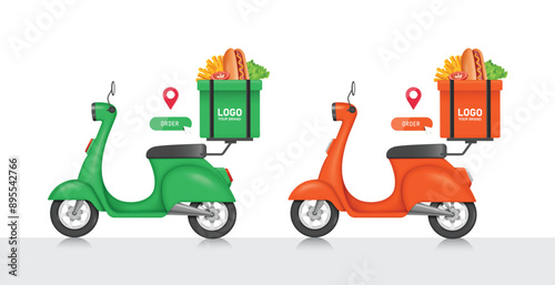 Green and orange motorcycles or scooters for food delivery service in side view. With a box or square bag for putting food in the back, vector 3d isolated for food delivery, e commerce concept design