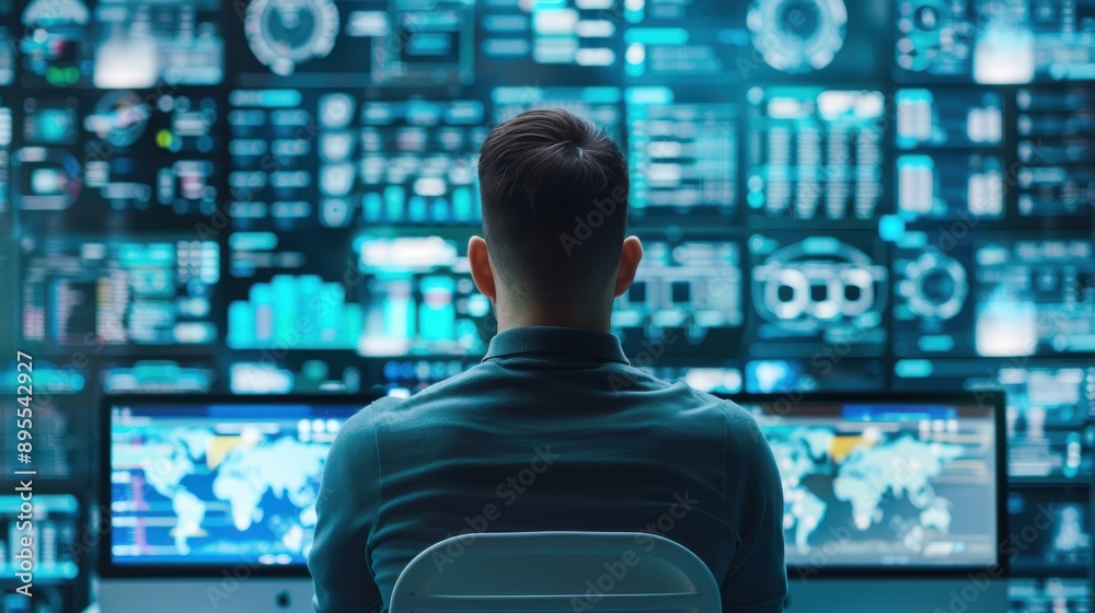 Hacker with multiple monitors displaying breached data, Betray, cyber manipulation and security breach Hacker with multiple monitors displaying breached data, Betray, cyber manipulation and security breach