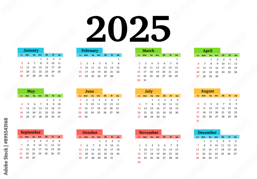 Calendar for 2025 isolated on a white background Calendar for 2025 isolated on a white background