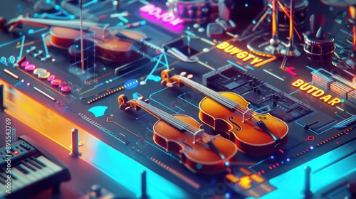 conceptual visualization of a budget as a digital orchestra, with each instrument playing a tune that corresponds to different financial decisions photo