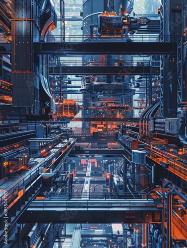 A high-tech factory floor gleams under an intricate network of digital automation lines. © wpw
