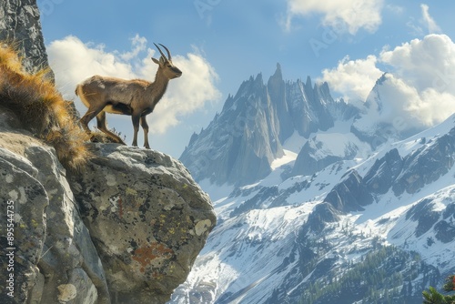 A picturesque image of a chamois standing on a rocky ledge in the Alps, with a dramatic backdrop of snow