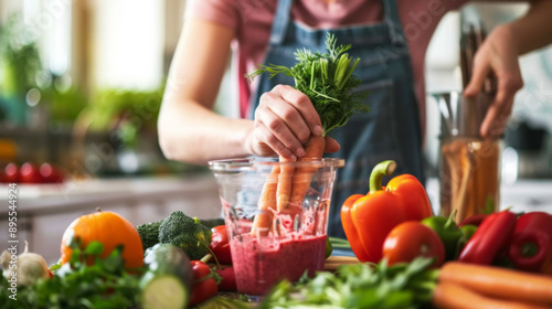 Fototapeta Naklejka Na Ścianę i Meble -  Woman making a vegetable smoothie in a kitchen
