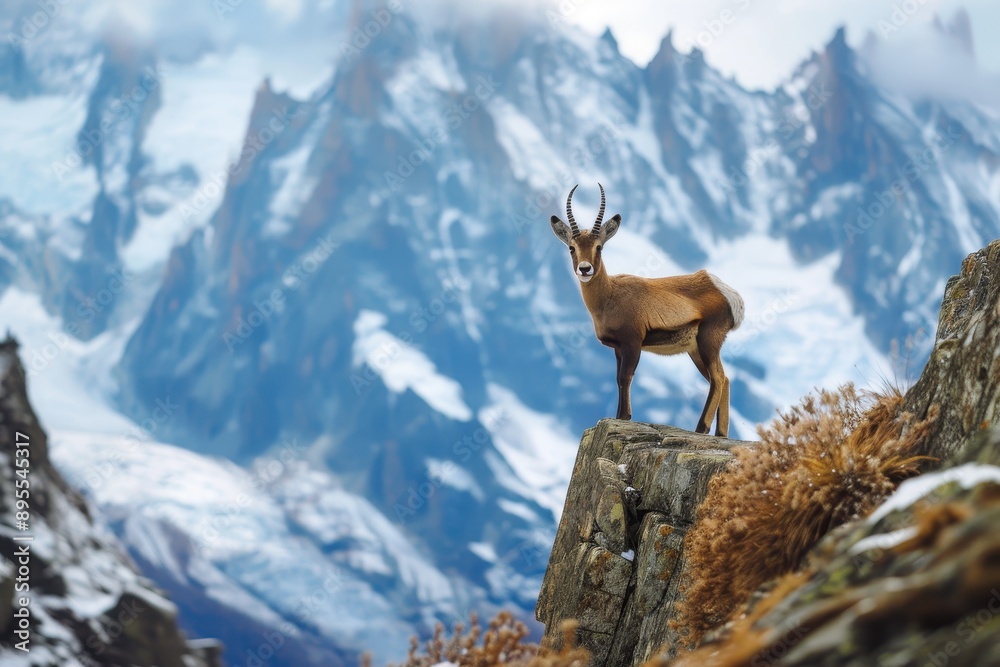 A picturesque image of a chamois standing on a rocky ledge in the Alps, with a dramatic backdrop of snow A picturesque image of a chamois standing on a rocky ledge in the Alps, with a dramatic backdrop of snow