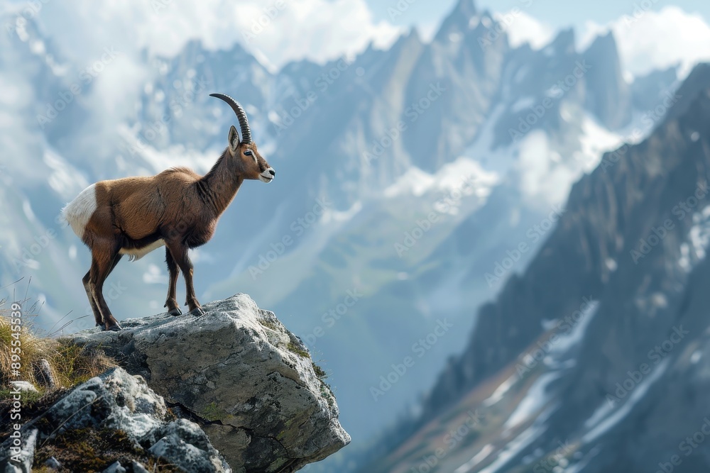 A picturesque image of a chamois standing on a rocky ledge in the Alps, with a dramatic backdrop of snow A picturesque image of a chamois standing on a rocky ledge in the Alps, with a dramatic backdrop of snow
