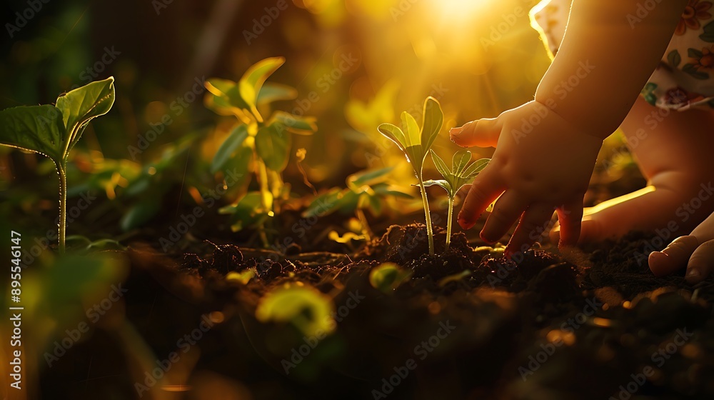 Fototapeta premium Infant build adding from the rich soil to the light of the early morning hours