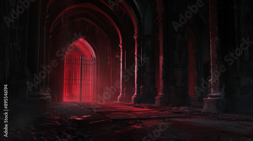 The dark room had pointed arches and pillars. It was lit by a dim red light coming from the barred door.