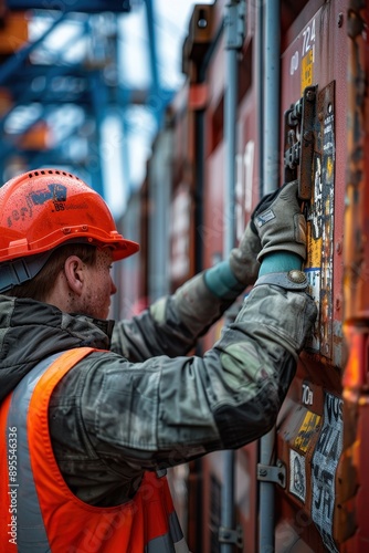 Industrial Worker in Safety Gear Operating Shipping Container at Cargo Terminal