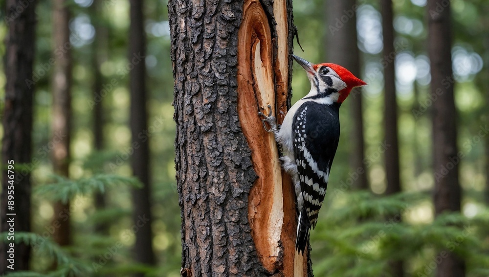A lively woodpecker with striking black white and red A lively woodpecker with striking black white and red