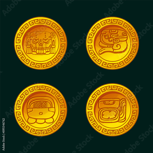 Golden coin with Maya or Aztec symbols. Golden symbols for your 2D game or slot games