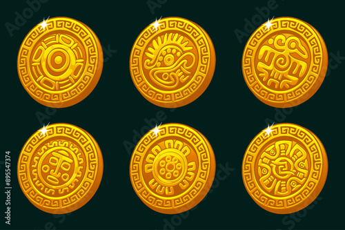 Golden coins with Maya or Aztec symbols. Golden symbols for your 2D game or slot games