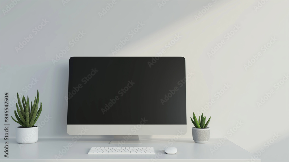 office interior., A desk with a clean white mouse, a white keyboard, a slim monitor on a white monitor stand, and a single pen and notepad, office interior., A desk with a clean white mouse, a white keyboard, a slim monitor on a white monitor stand, and a single pen and notepad,