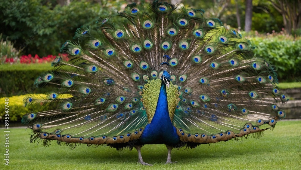 Obraz premium A magnificent peacock with its vibrant iridescent tail