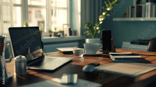 A remote work setup on a dining table with a laptop, a mouse, an keyboard, a smartphone, a cup of tea, and some papers,