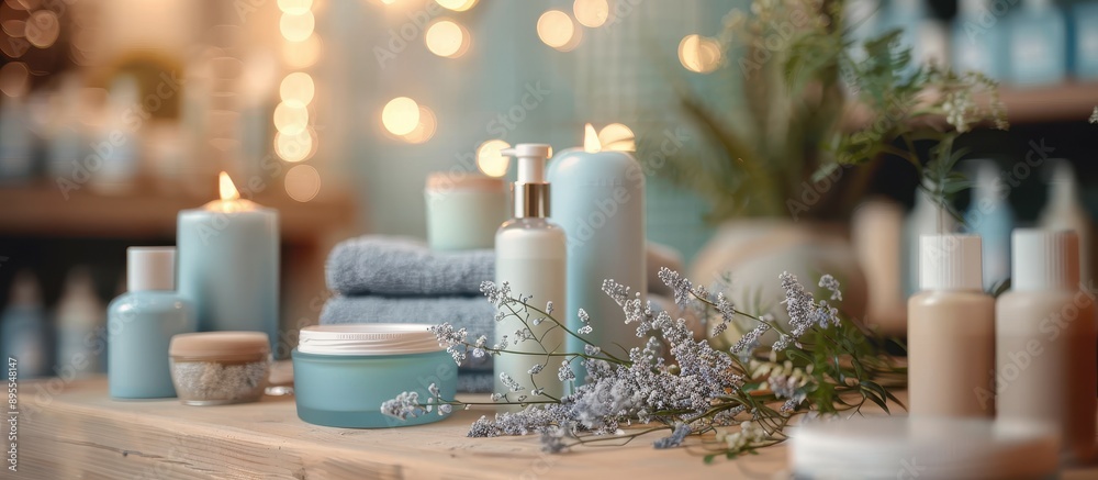 Spa and Wellness Products with Candles and Flowers on Wooden Table in Relaxing Atmosphere