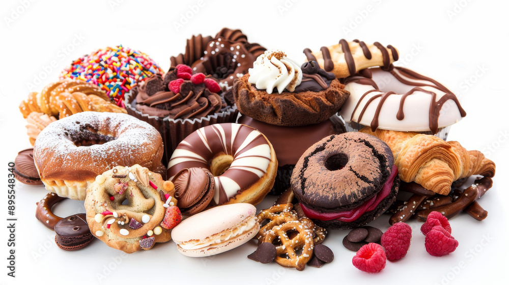 Treats galore! A delightful assortment of cakes (chocolate, red velvet), pies (apple), cookies, pastries, muffins, donuts, croissants, macarons, and pretzels against a white background. Treats galore! A delightful assortment of cakes (chocolate, red velvet), pies (apple), cookies, pastries, muffins, donuts, croissants, macarons, and pretzels against a white background.