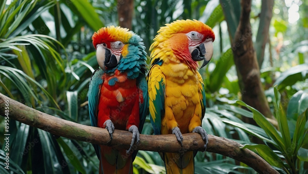 A pair of colorful parrots