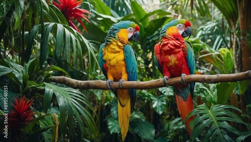 A pair of colorful parrots