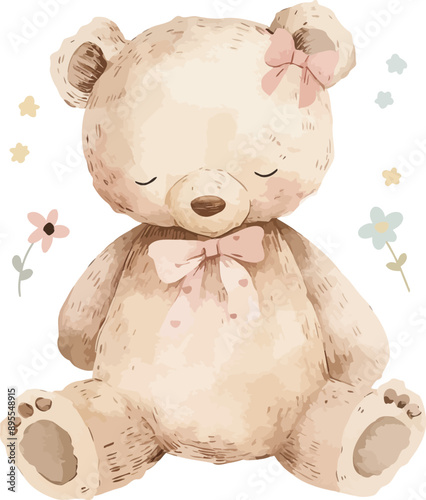 Little Teddy Bear Watercolor Vector Illustration.