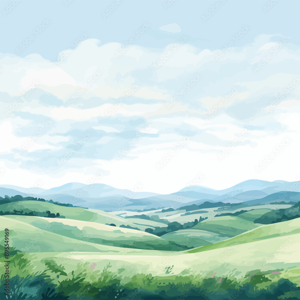 Obraz premium Green Hills Countryside Landscape Watercolor Illustration Vector.