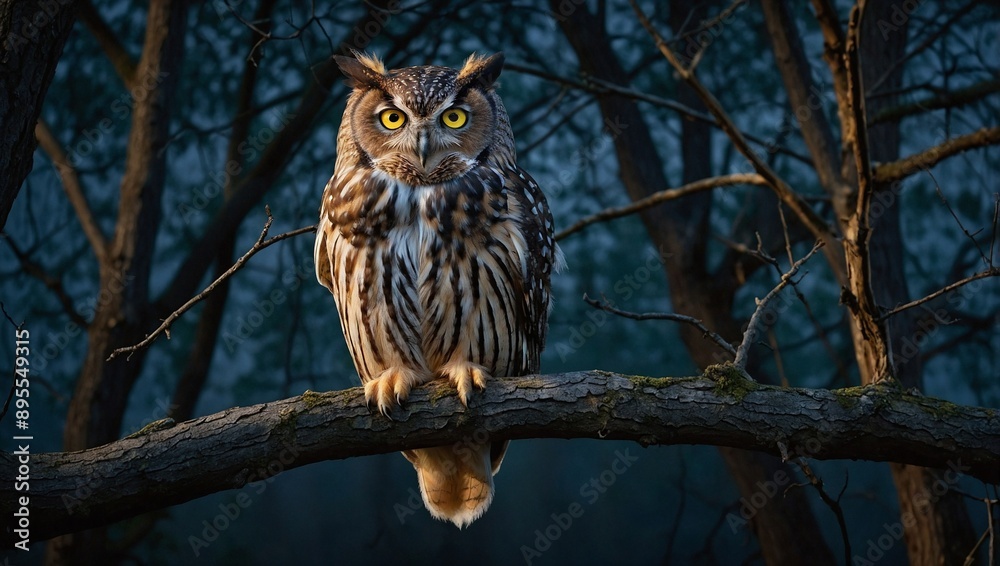 A wise looking owl with piercing yellow eyes perched A wise looking owl with piercing yellow eyes perched