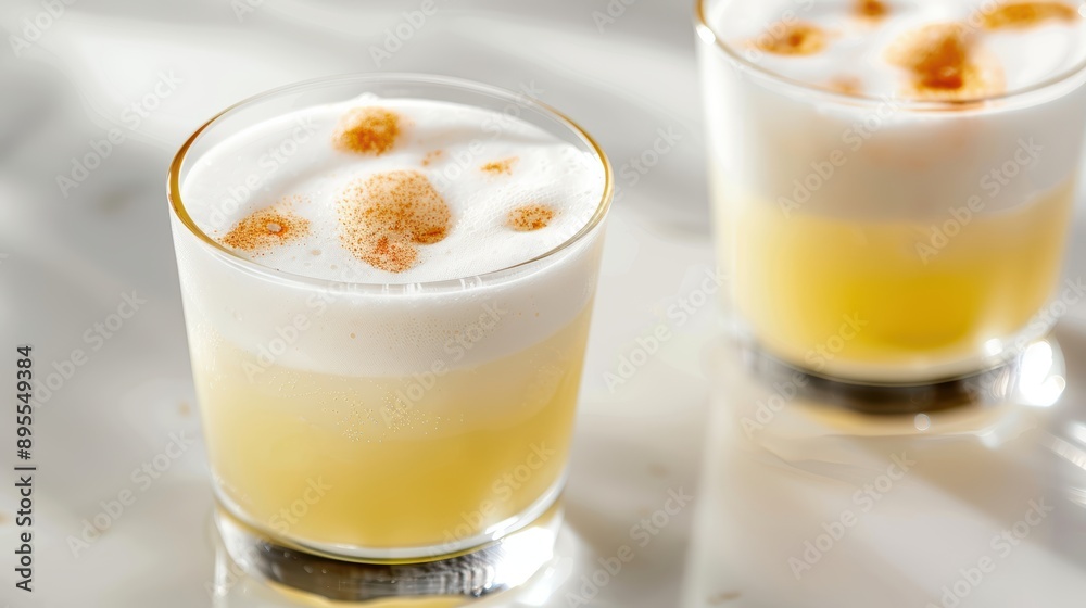 Two Glasses of Pisco Sour Cocktail with Cinnamon Garnish Two Glasses of Pisco Sour Cocktail with Cinnamon Garnish