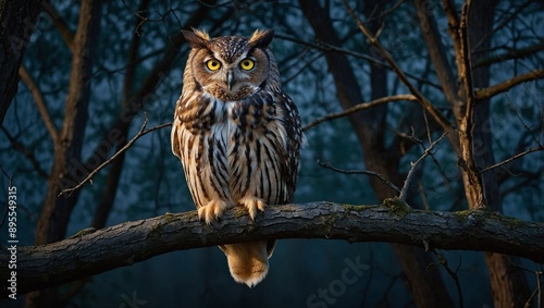 A wise looking owl with piercing yellow eyes perched