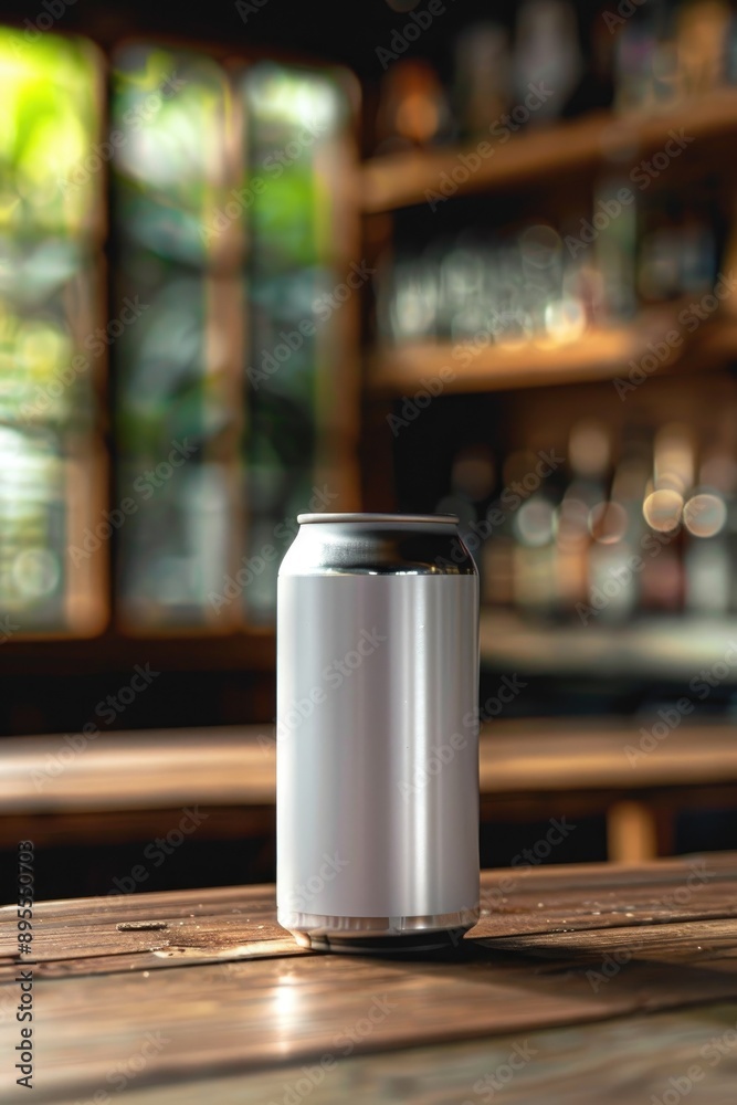 Blank Aluminum Can on Bar Counter with Blurry Background Blank Aluminum Can on Bar Counter with Blurry Background
