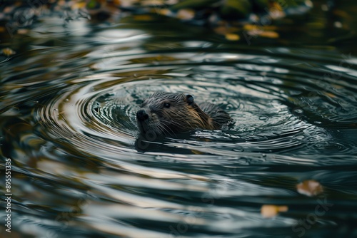 A serene shot of a Eurasian beaver swimming in a pond, creating ripples on the water's surface © Nico