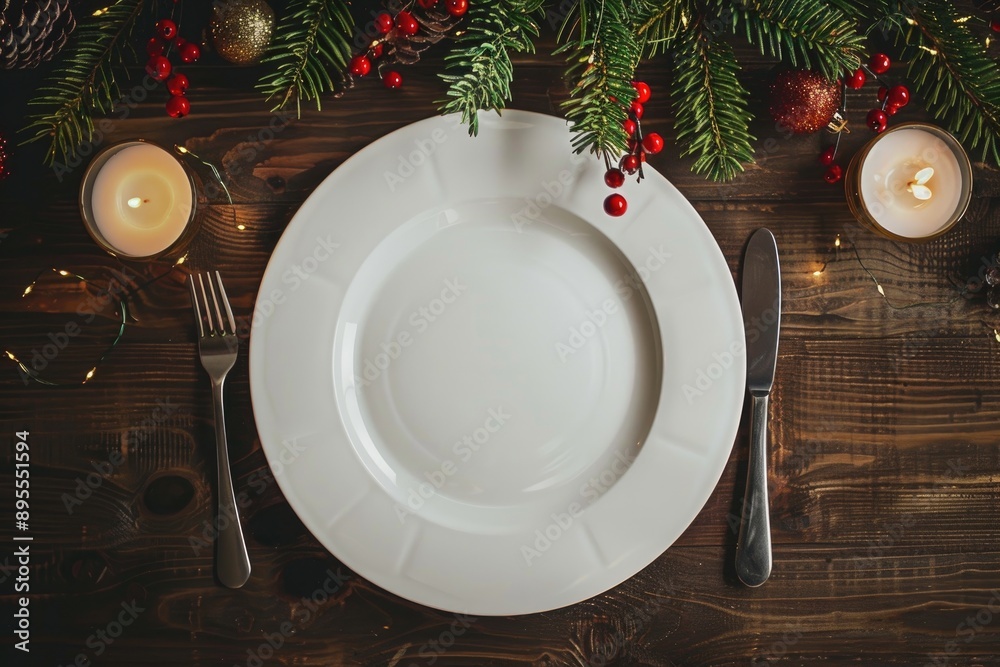 Festive Christmas Table Setting with Empty White Plate and Holiday Decorations Festive Christmas Table Setting with Empty White Plate and Holiday Decorations