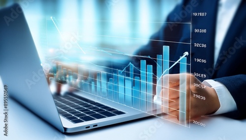 Data analysis to increase sales and revenue. Man sitting with laptop and working with growing graph. Business data analytics concept. Generative ai..