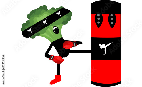 A kickboxing broccoli kicks a punching bag. Isolated on a white background
