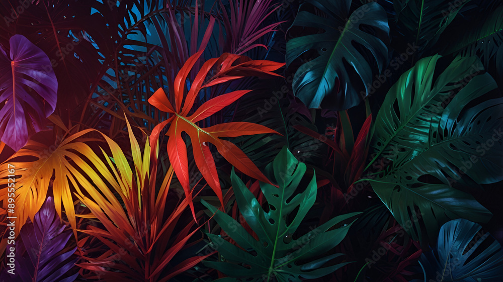 Fototapeta premium Fluorescent Botanical Art: Tropical Leaves Illuminated by Neon Triangle