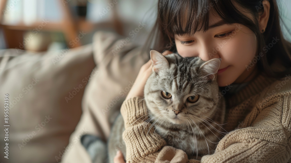 Asian girl with her Scottish Fold cat on her lap, both looking content in a warm living room setting, emphasizing pet-owner connection Asian girl with her Scottish Fold cat on her lap, both looking content in a warm living room setting, emphasizing pet-owner connection