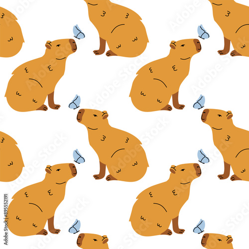 Seamless pattern with cute cartoon capybara illustration. South America fauna.
