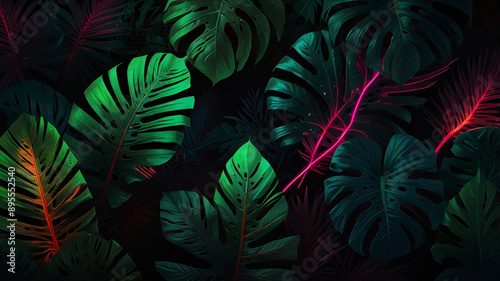Nature Concept Art: Fluorescent Tropical Leaves with Neon Lighting