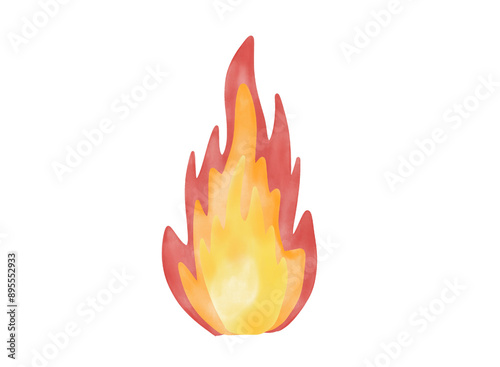 Hand-drawn watercolor illustration of burning fire isolated on a white background.