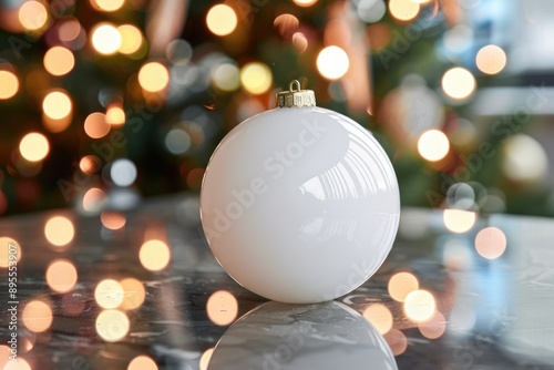 Festive White Christmas Ornament with Sparkling Lights Bokeh Background