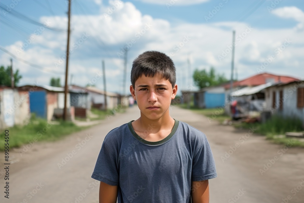 A boy is standing on a street in front of a house A boy is standing on a street in front of a house