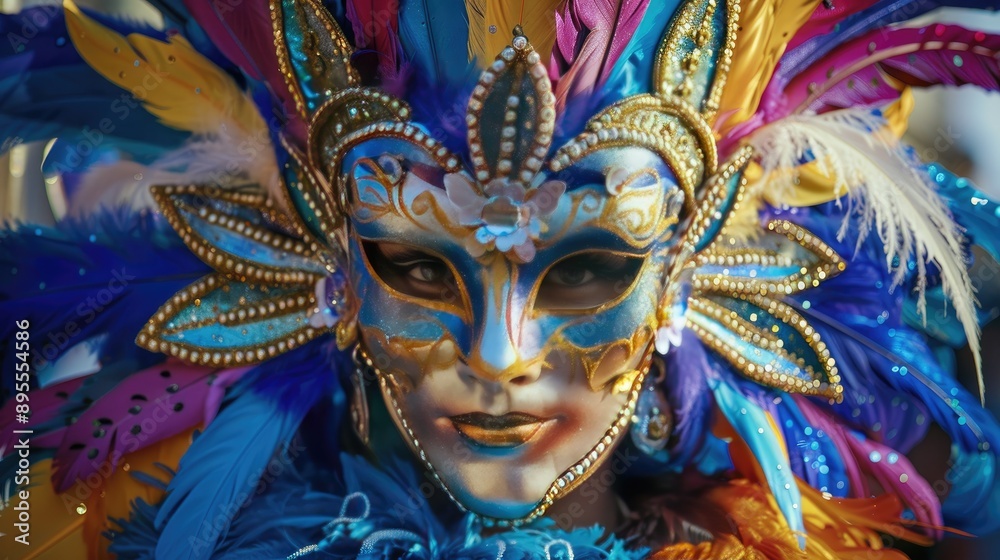 Naklejka premium A beautifully decorated Brazilian Carnival mask with feathers and sequins.
