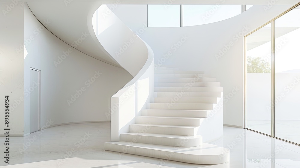 Obraz premium A clean white staircase in a modern home, with simple, elegant design and natural light flooding in.