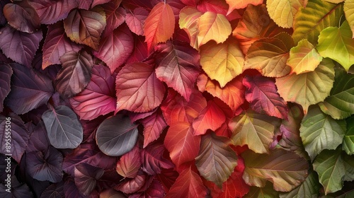 A collection of colorful autumn leaves arranged in a gradient pattern, from green to deep red.