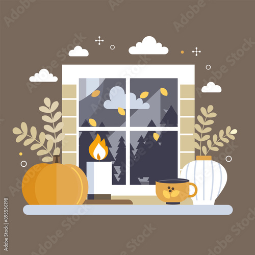 Evening Fall Window with Mountains and Trees and pumpkin, cup, vase with autumn branches, candle on windowsill .Vector Flat Background