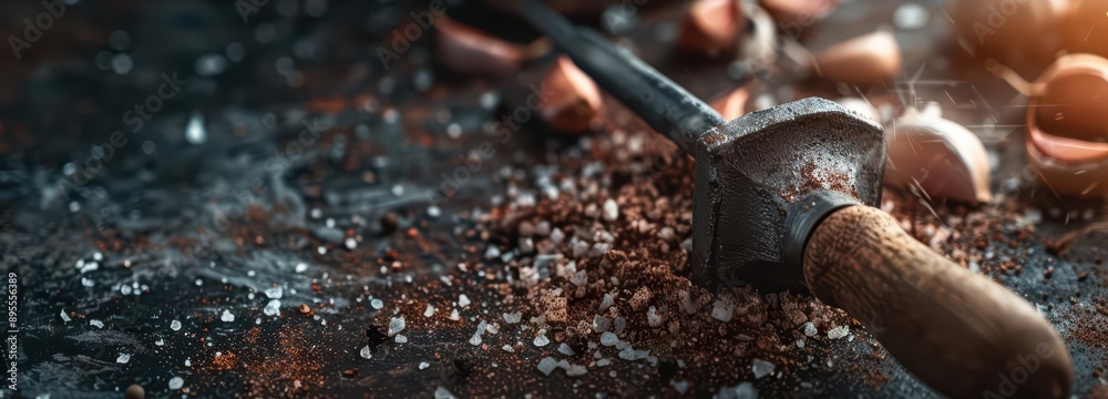 A garlic press crushes cloves with a mystical glow in an ultramodern, supernatural scene banner with copy space A garlic press crushes cloves with a mystical glow in an ultramodern, supernatural scene banner with copy space