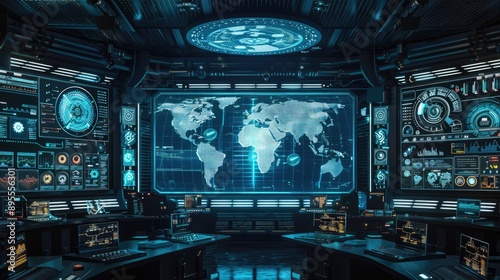 Fototapeta Naklejka Na Ścianę i Meble -  A futuristic control room with large screens displaying different world clocks and global data.