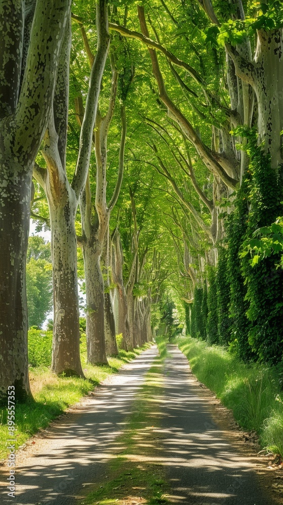 Fototapeta premium Scenic Cycling Adventure along Burgundy's Canal: Female Cyclist Exploring Lush Countryside from Dijon to Golden Hills. Idyllic Tree-Lined Bike Path Winding through Picturesque French Landscapes, Perfe