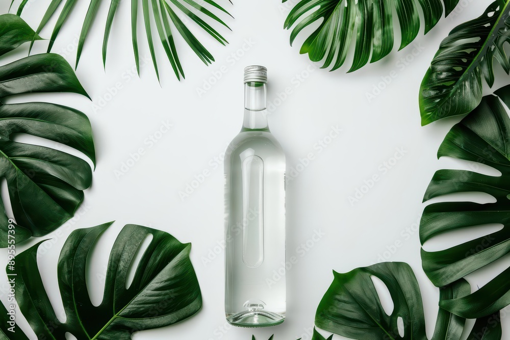 A refreshing bottle of Palm Wine surrounded by tropical leaves, banner, with copy space A refreshing bottle of Palm Wine surrounded by tropical leaves, banner, with copy space
