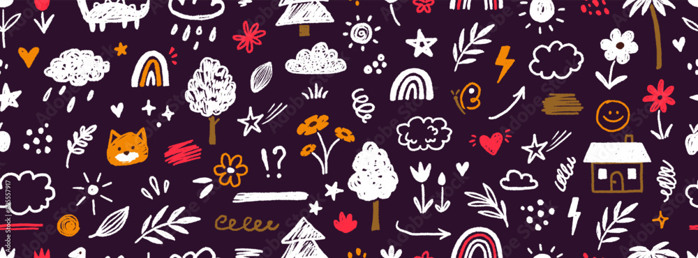 Cute kid child element vector seamless pattern. Hand drawn doodle sketch children cute vector school chalk background. Kids doodle crayon style line flower, cloud doodle pattern. Vector illustration Cute kid child element vector seamless pattern. Hand drawn doodle sketch children cute vector school chalk background. Kids doodle crayon style line flower, cloud doodle pattern. Vector illustration