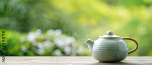 A serene tea set with matcha in a traditional Japanese garden, banner, with copy space photo